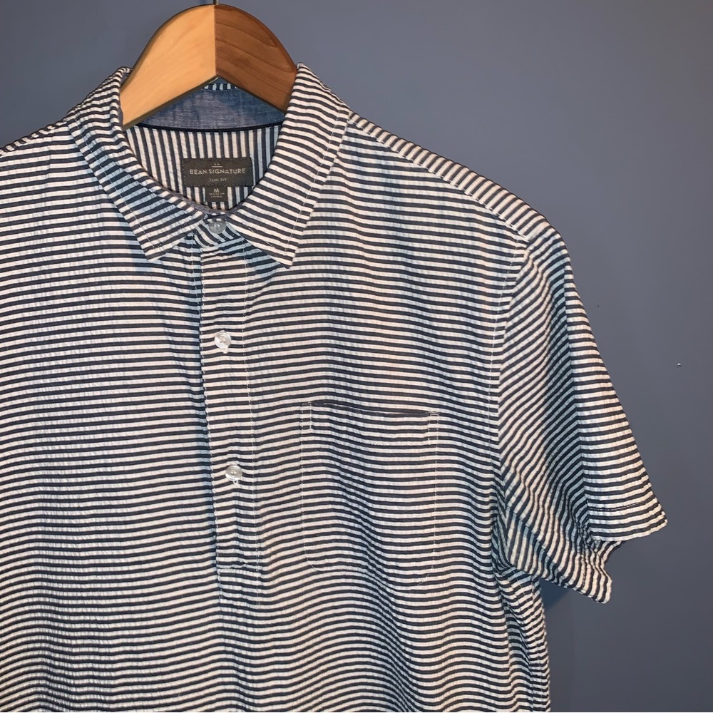 LL Bean Signature Slim Fit Seersucker Short Sleeve Polo Size Medium